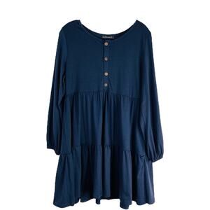 Sarin Mathews blue stretch tier button ruffle prairie midi dress medium